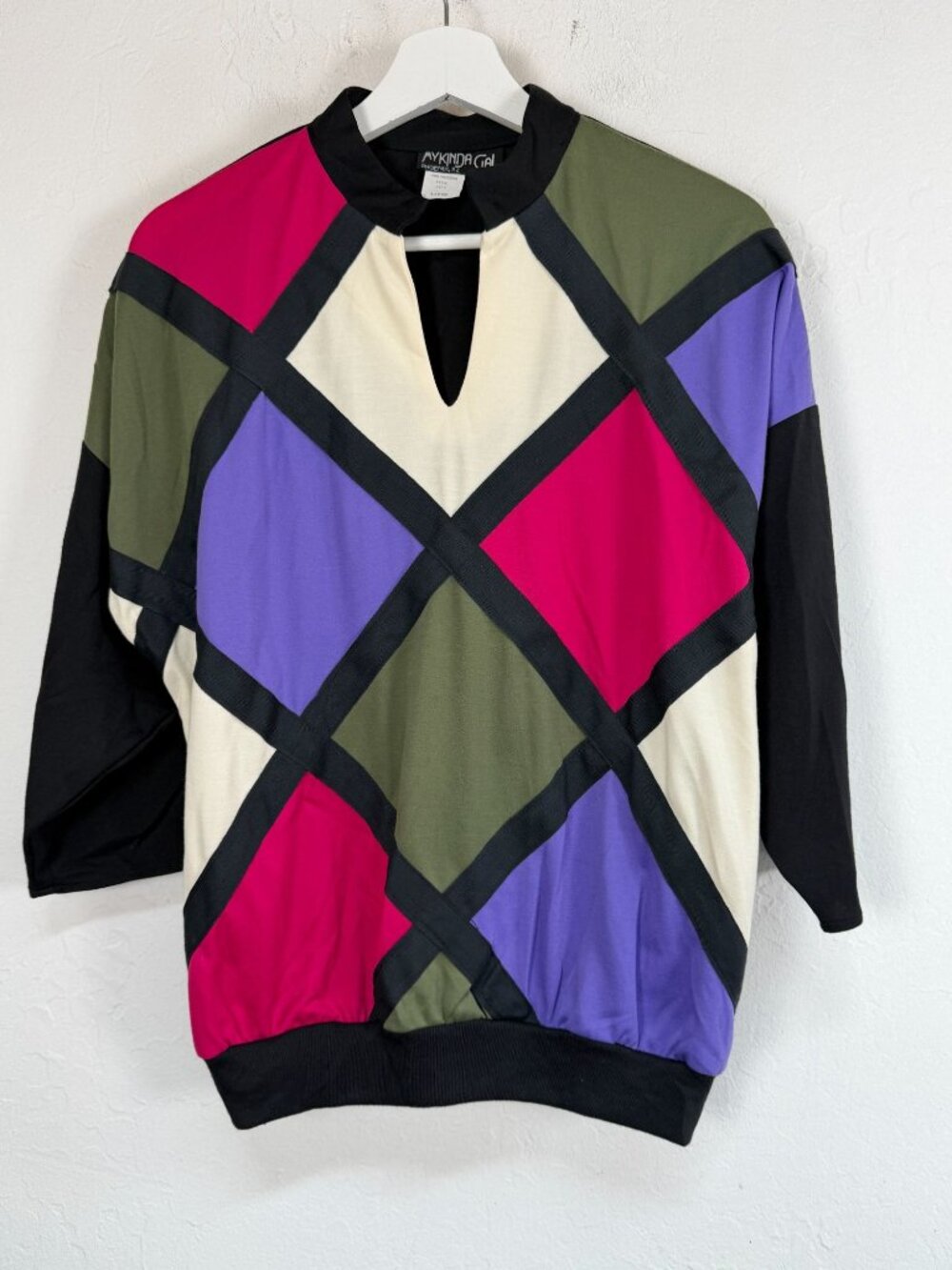 Vintage My Kinda Gal Womens Large Colorblock Harlequin Keyhole Top 80s USA Made
